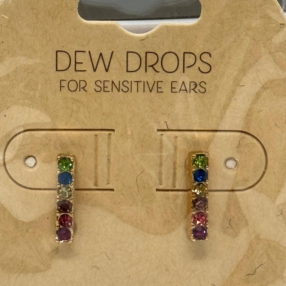 Dew Drops Multicolor Rhinestone Bar,  Set in Gold Tone Post Earrings